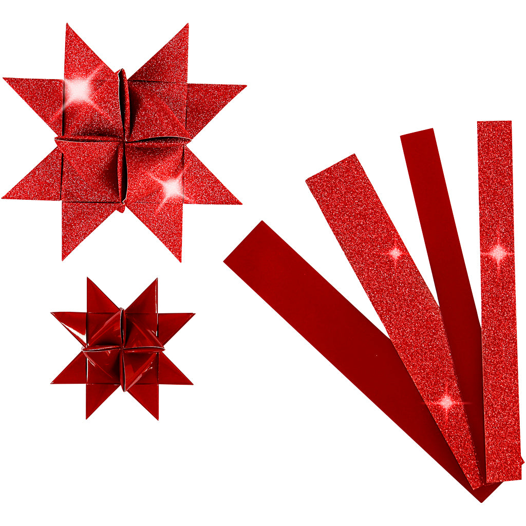 Paper Star Strips, L: 44+78 cm, W: 15+25 mm, dia. 6,5+11,5 cm, glitter,varnish, red, 40 strips
