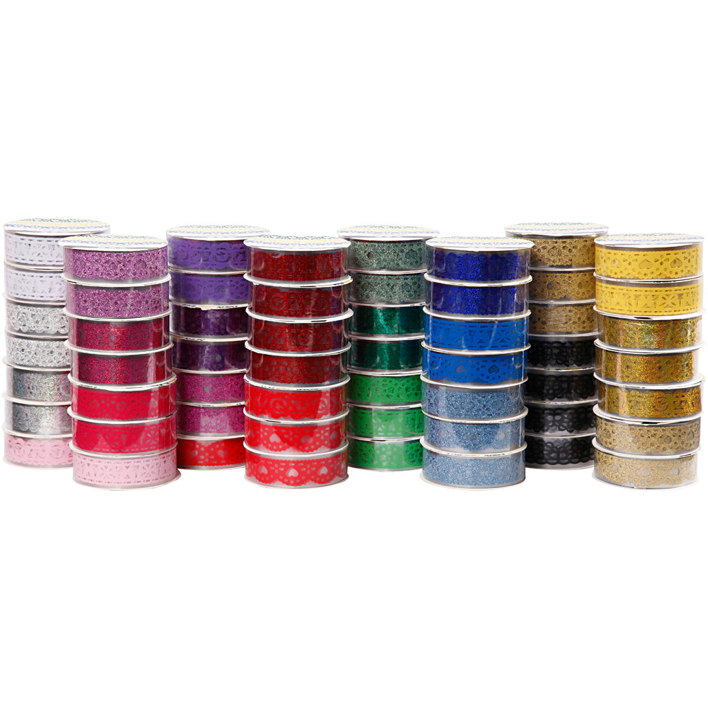 Lace Tape Assortment, W: 15 mm, assorted colours, 56x3 m