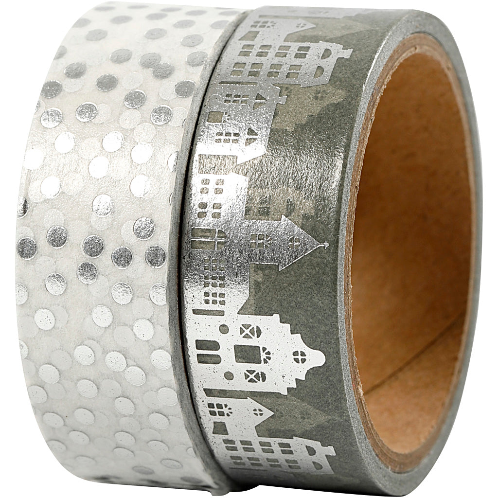 Washi Tape, houses and dots - foil, W: 15 mm, silver, 2x4 m