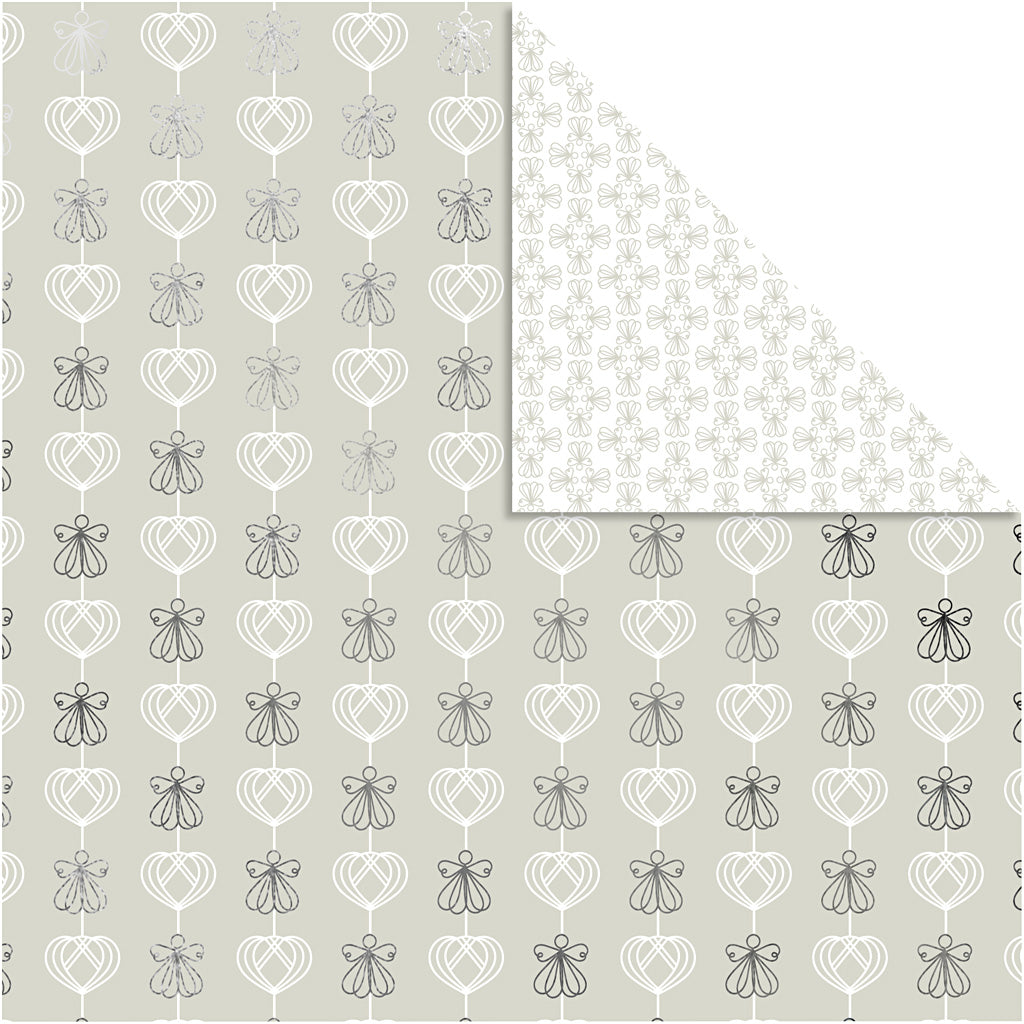 Design Paper, angels and hearts, sheet 30,5x30,5 cm, 180 g, silver, 3 sheet