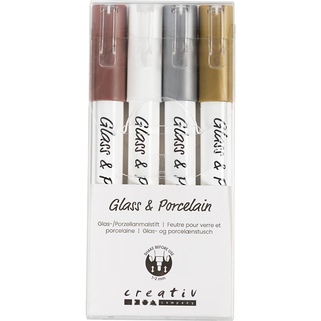 Glass & Porcelain Marker, line 1-2 mm, semi opaque, brown, gold, silver, white, 4 pc
