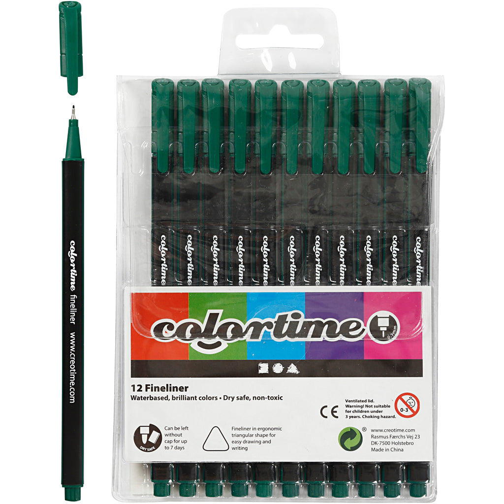 Colortime Fineliner Markers, line 0,6-0,7 mm, dark green, 12 pc