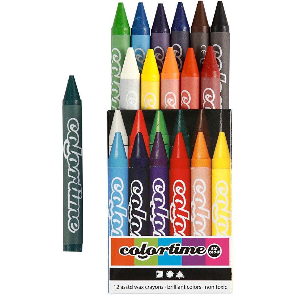 Colortime Wax Crayons, L: 10 cm, thickness 11 mm, assorted colours, 12 pc