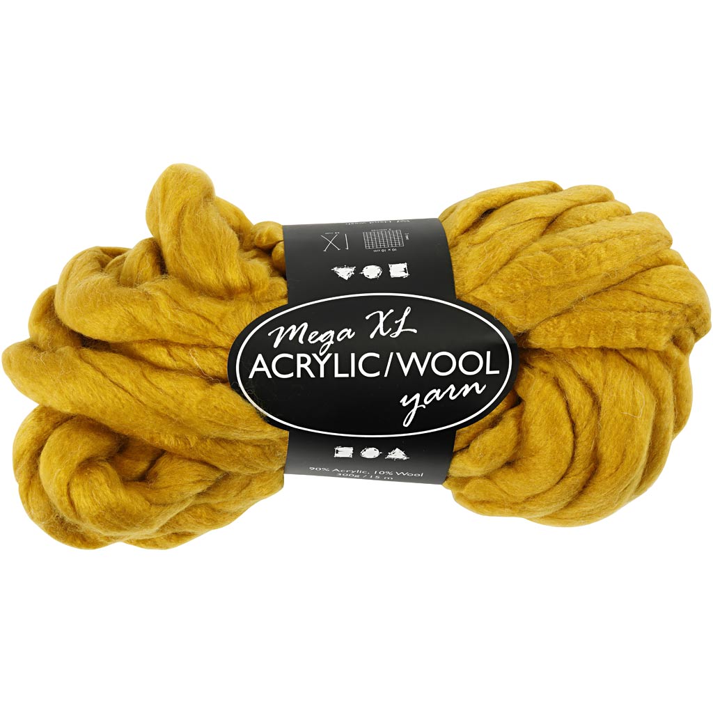 Chunky Yarn of Acrylic/Wool, L: 15 M, size mega, dark yellow, 300 g/ 1 ball