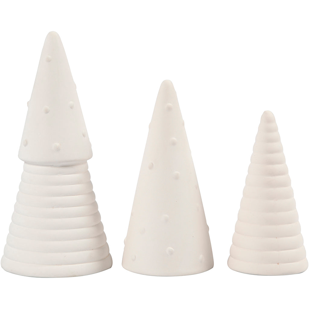 Christmas Trees, H: 10+12+15 cm, dia. 5+6+7 cm, white