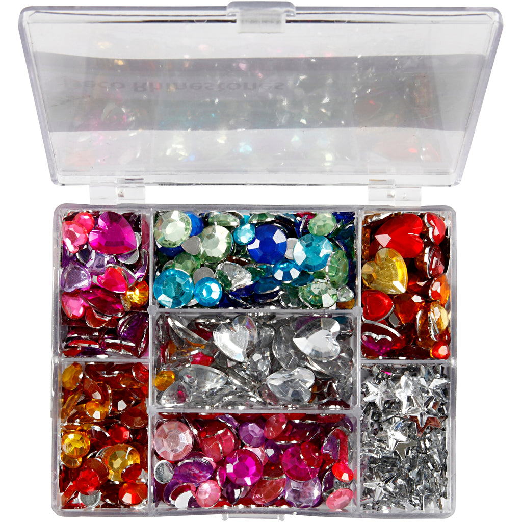 Rhinestones in Display Box, Rounds. stars. hearts, dia. 6+7+9+10+11+12+14+16 mm, blue, pink, silver, 300 pc