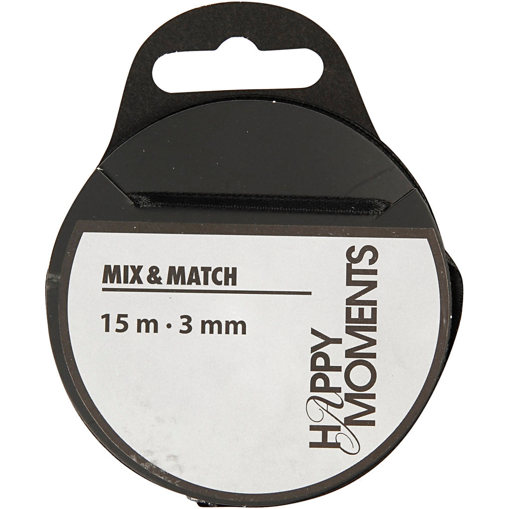 Satin Ribbon, W: 3 mm, black, 15 m/ 1 roll
