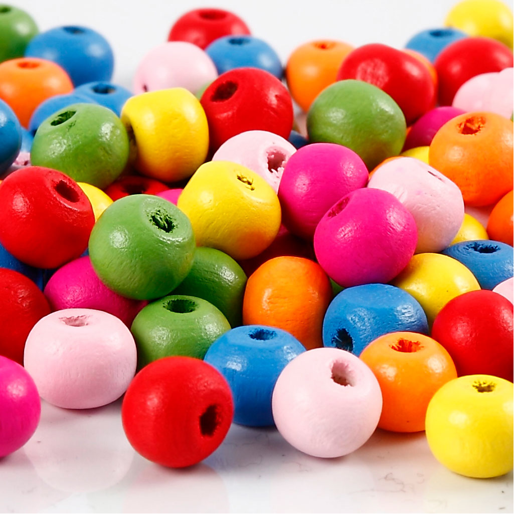 Wooden Beads, dia. 8 mm, hole size 1,5-2 mm, ca. 3100 pc, assorted colours, 500 g/ 1 bag