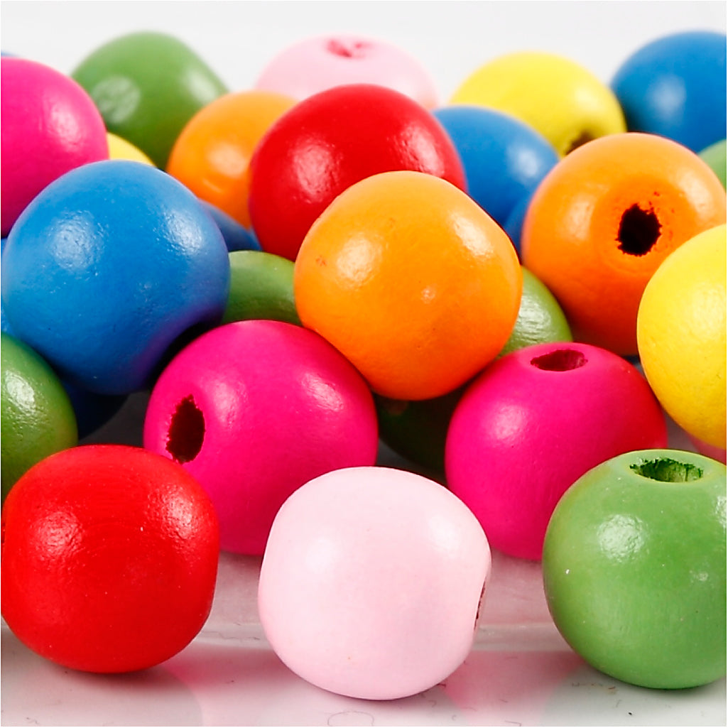 Wooden Beads, dia. 12 mm, hole size 2,5-3 mm, ca. 40 asstd., assorted colours, 22 g
