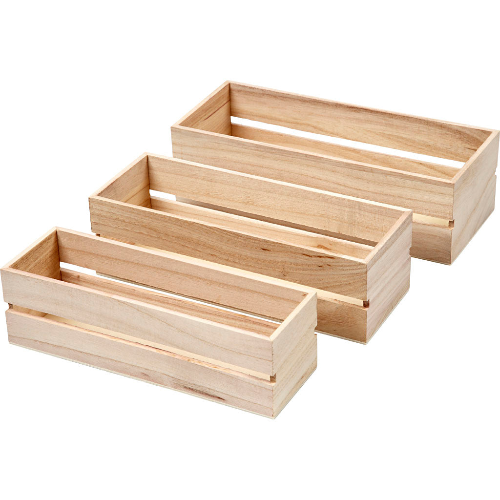Wood Boxes, H: 6,5+7+7,5 cm, L: 22+23,5+25 cm, W: 7+8,5+10 cm/ 1 set