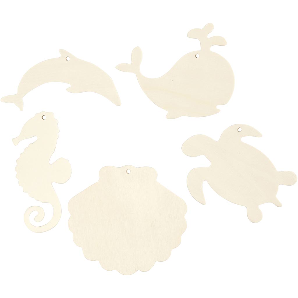 Sea Creatures for Hanging, Seahorse, turtle, dolphin, mussel and whale, H: 5-10 cm, W: 5-10 cm, hole size 3 mm, thickness 2 mm, 5 pc