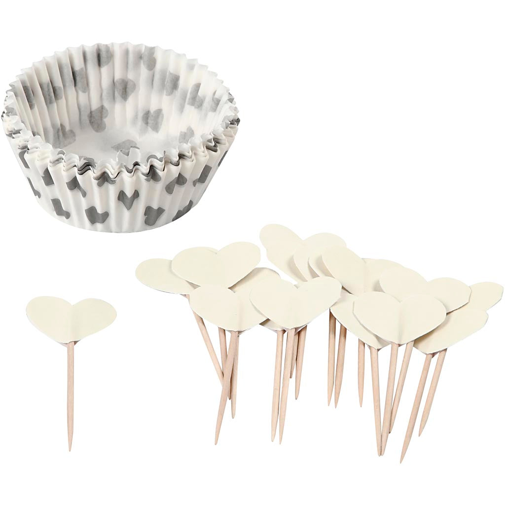 Cupcake cases and picks, off-white, H: 3 cm, D 5 cm, 40 g, 24 set