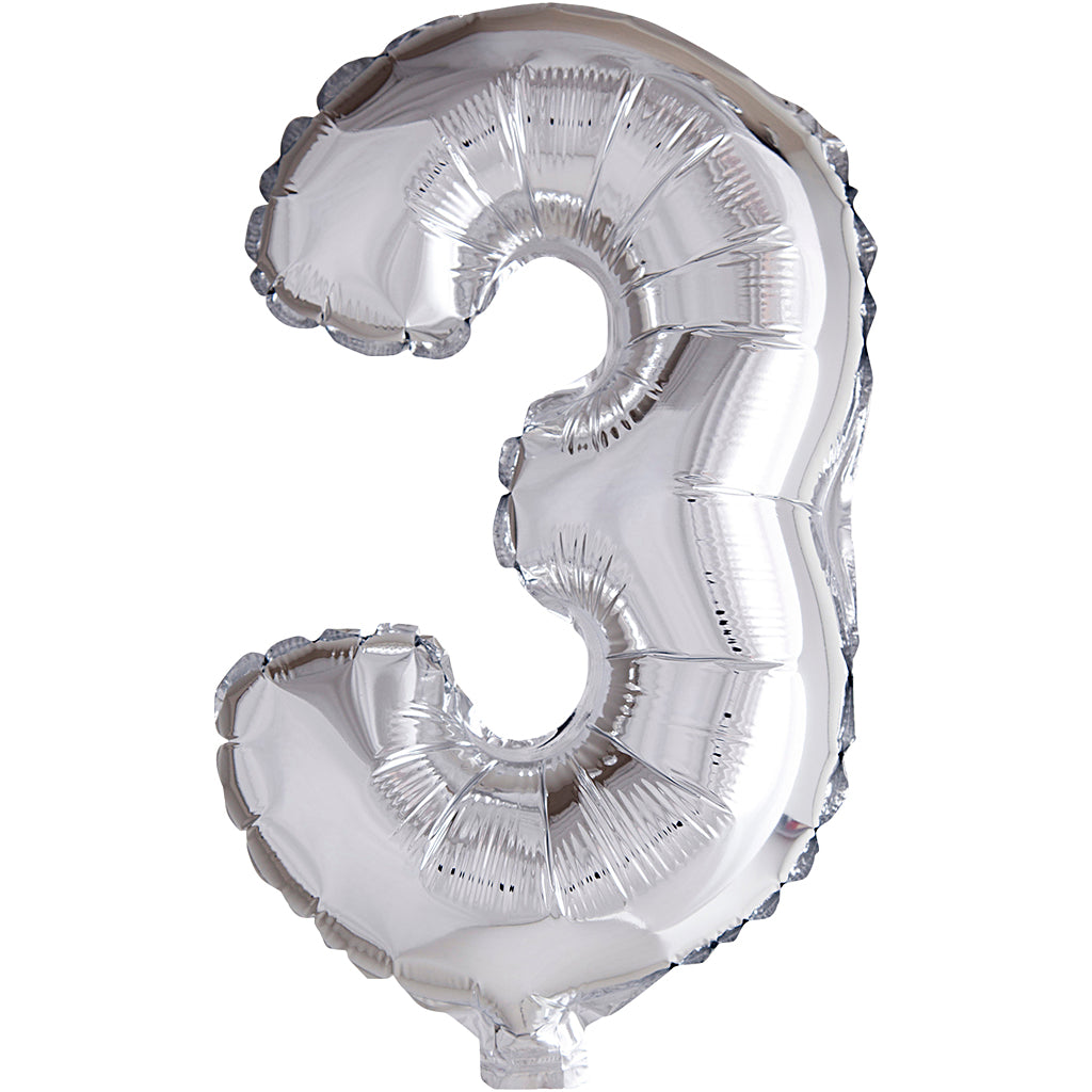 Foil Balloon, 3, H: 41 cm, silver