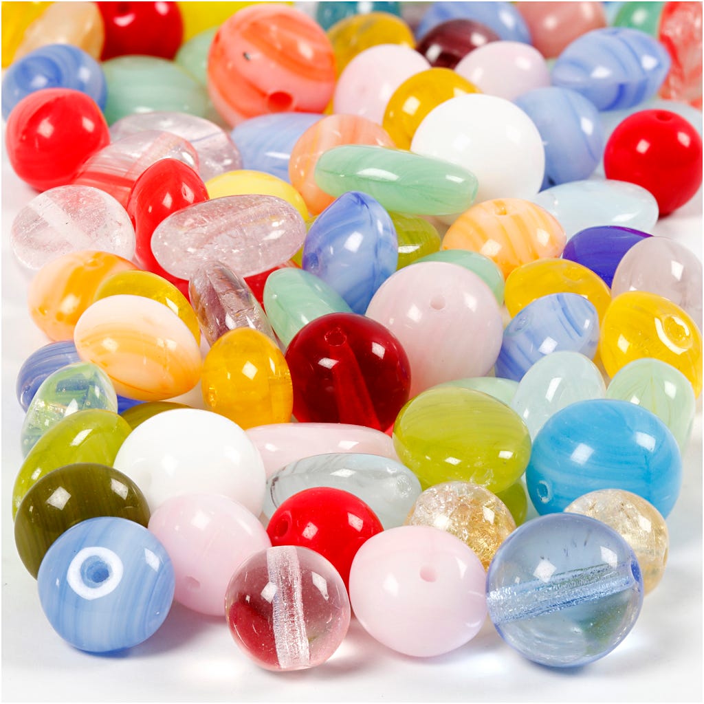 Glass beads, round, oval, circular, dia. 6-13 mm, hole size 0,5-1,5 mm, assorted colours, 60 g