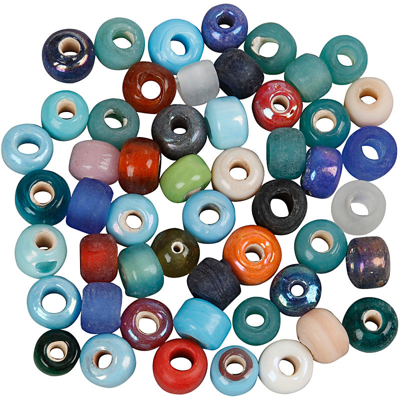 Glass Beads, dia. 9 mm, hole size 2,5-3 mm, ca. 680 pc, assorted colours, 500 g