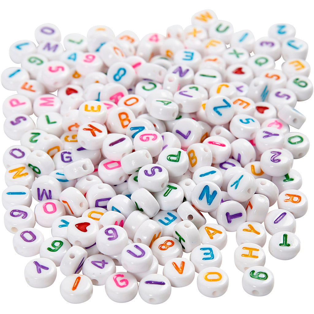 Letter Beads, size 7 mm, hole size 1,2 mm, ca. 1500 pc, white, 200 g