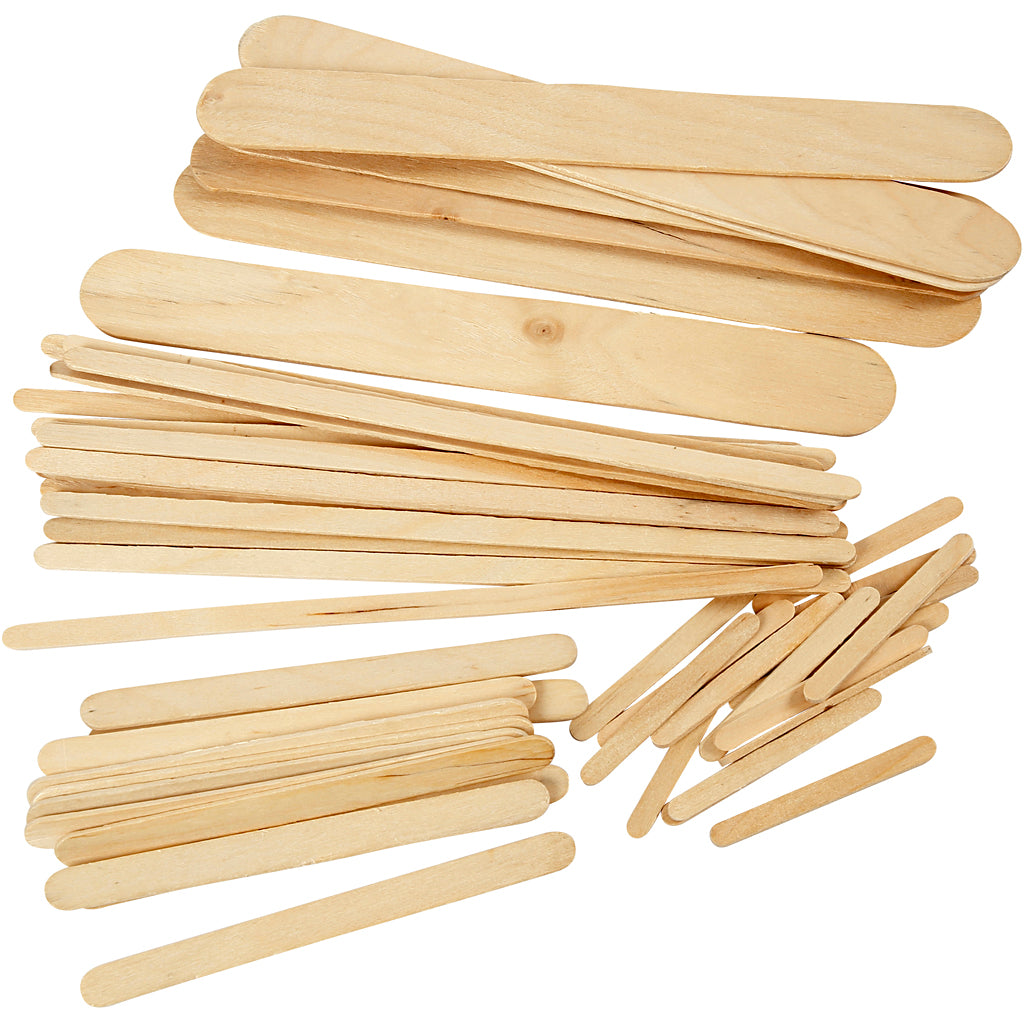 Ice lolly sticks, L: 5,5+11,5+19+20 cm, W: 6+10+25 mm, natural, 4250 pc