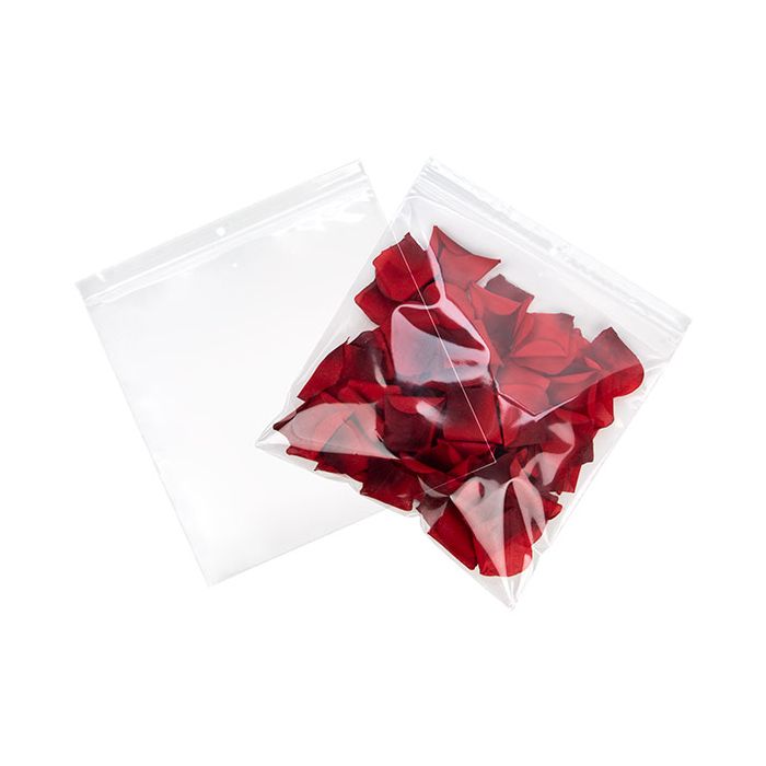 Grip Seal Bags with Hang and Vent-hole 23x23cm Crystal Clear PP 50 micron, showing the bag while filled and being empty