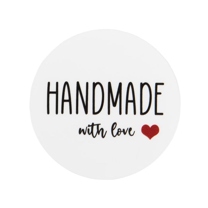 Stickers Round Handmade with love (White w/ Black Text & Red Heart) 3,8 cm (1 Sheet)