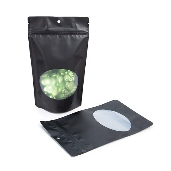 Stand Up Pouches Matt Black with oval Window 13x7x20.5cm | 113 grams With Hang hole