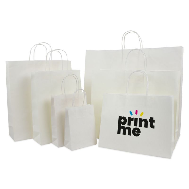 Papiertragetaschen mit gedrehte Griffe und Bodenkarton 14+7x19 cm Weiß (250 Stück) [FP-001019]
