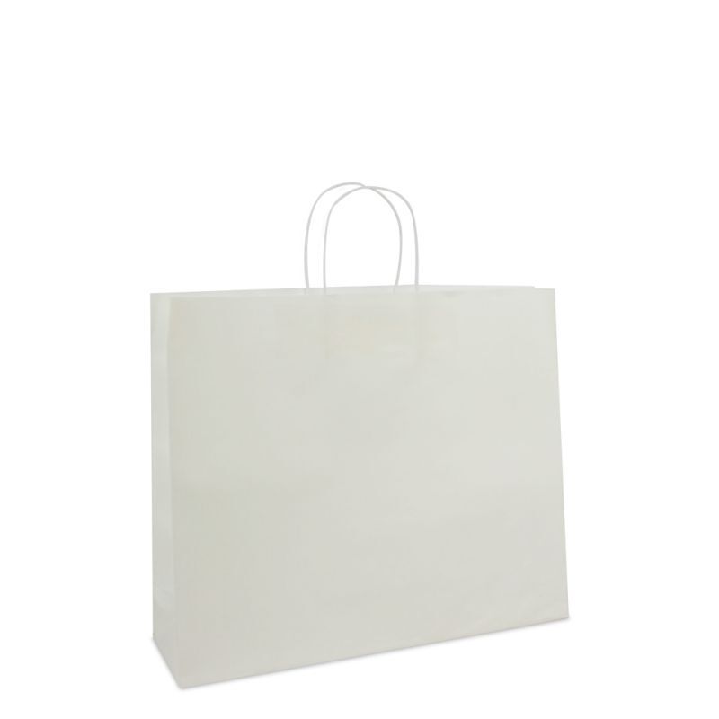 Papiertragetaschen mit gedrehte Griffe und Bodenkarton 42+12x35 cm Weiß (100 Stück) [FP-001042]