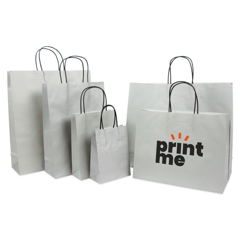 Papiertragetaschen mit gedrehte Griffe und Bodenkarton 14+7x19 cm Silber (250 Stück) [FP-007019]