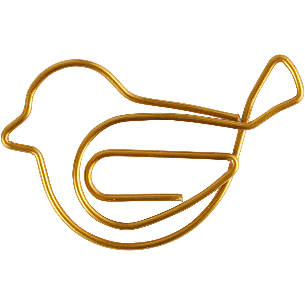Metal Paperclips, bird, size 32x40 mm, gold, 6 pc