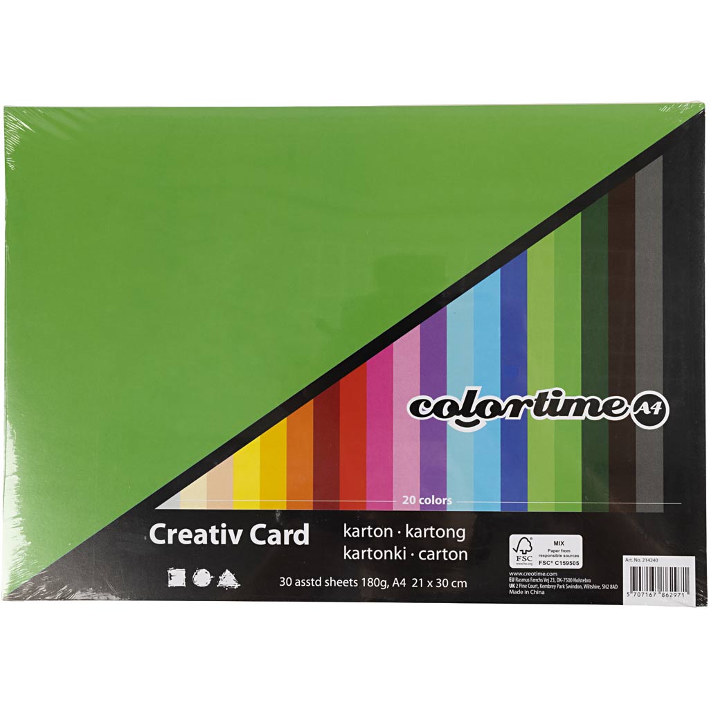 Bastelkarton, farbig, A4, Blatt 210x297 mm, 180 g, Sortierte Farben, 30 Bl. sort./ 1 Pck [HOB-214240]