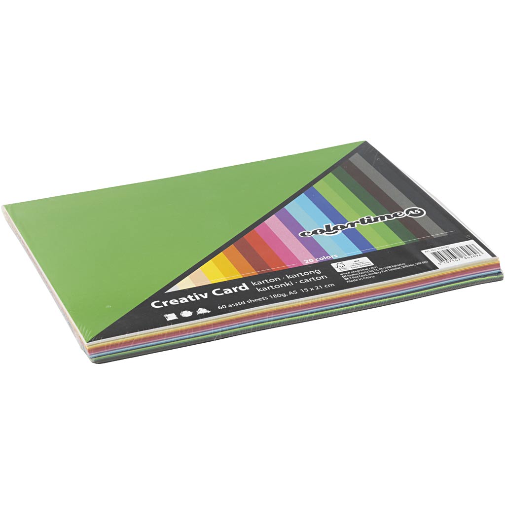 Farbkarton, A5 148x210 mm,  180 g, Sortierte Farben, 60Bl. sort. [HOB214250]