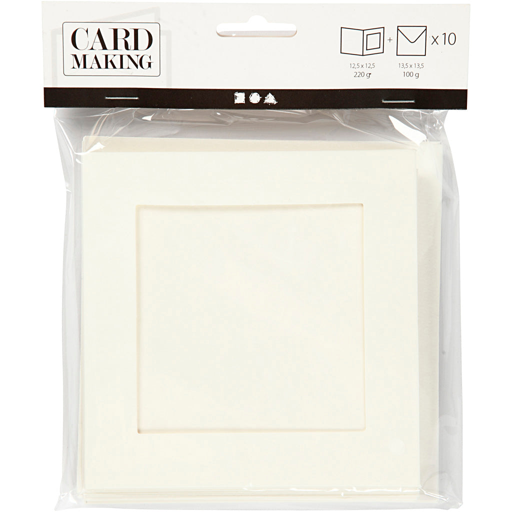 Passepartout-Karten mit Kuvert, Kartengröße 12,5x12,5 cm, Umschlaggröße 13,5x13,5 cm, Off-white, Quadrat, 10Sets, Lochgröße 8,5x8,5 cm [HOB23740]