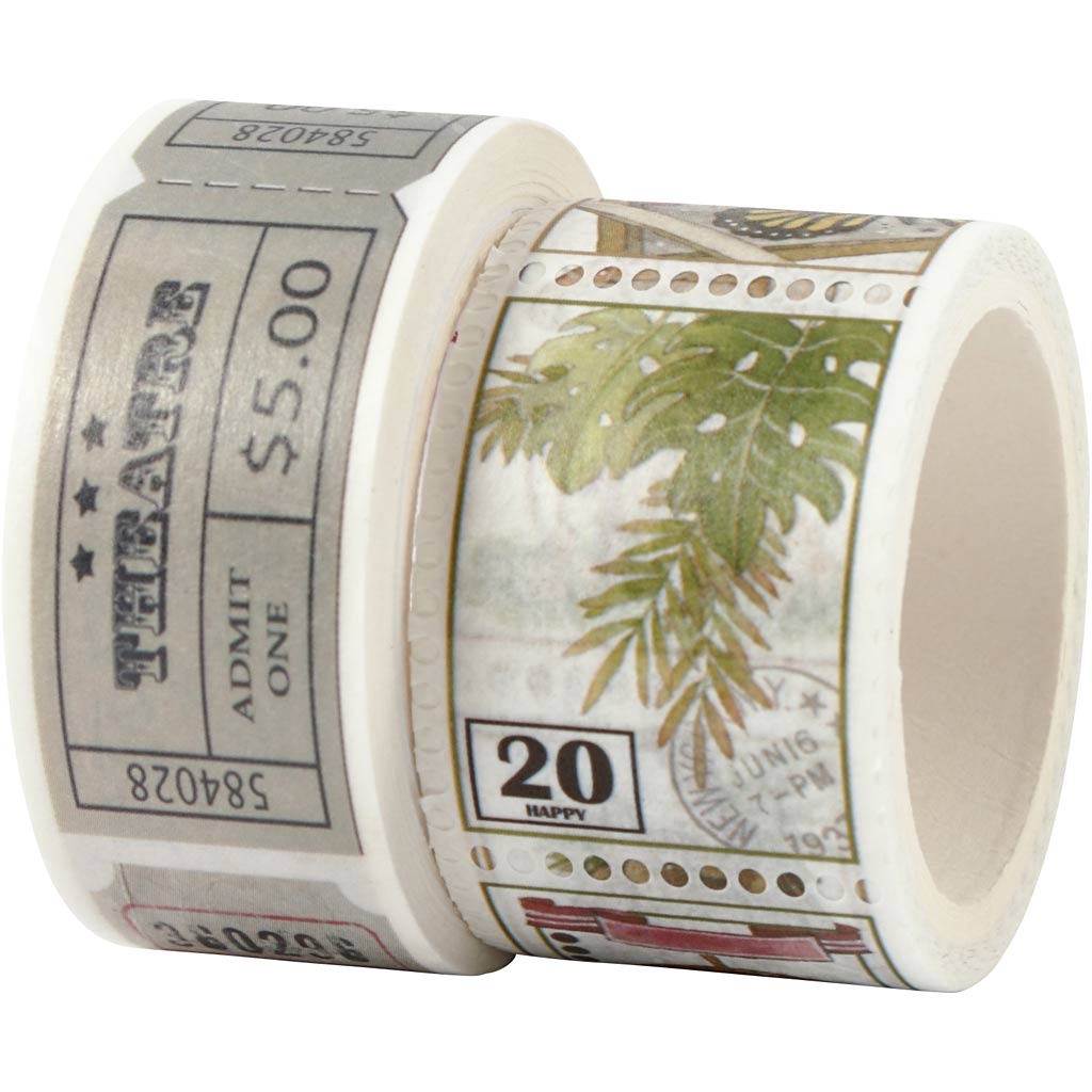 Washi Tape, Ticket and nature motive, L: 3+5 M, W: 20+25 mm, 2 roll