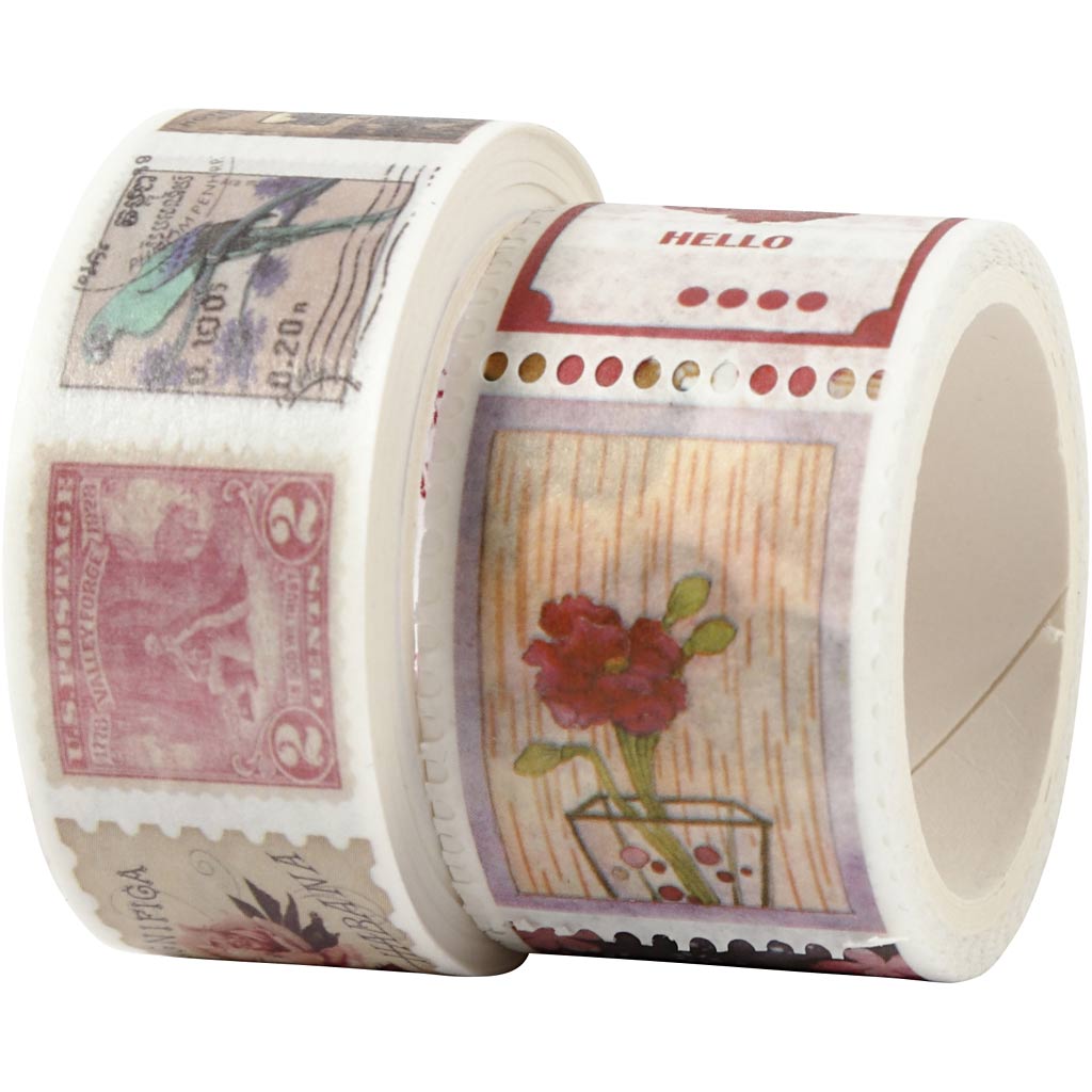 Washi Tape, Stamp and flower motive, L: 3+5 M, W: 20+25 mm, 2 roll