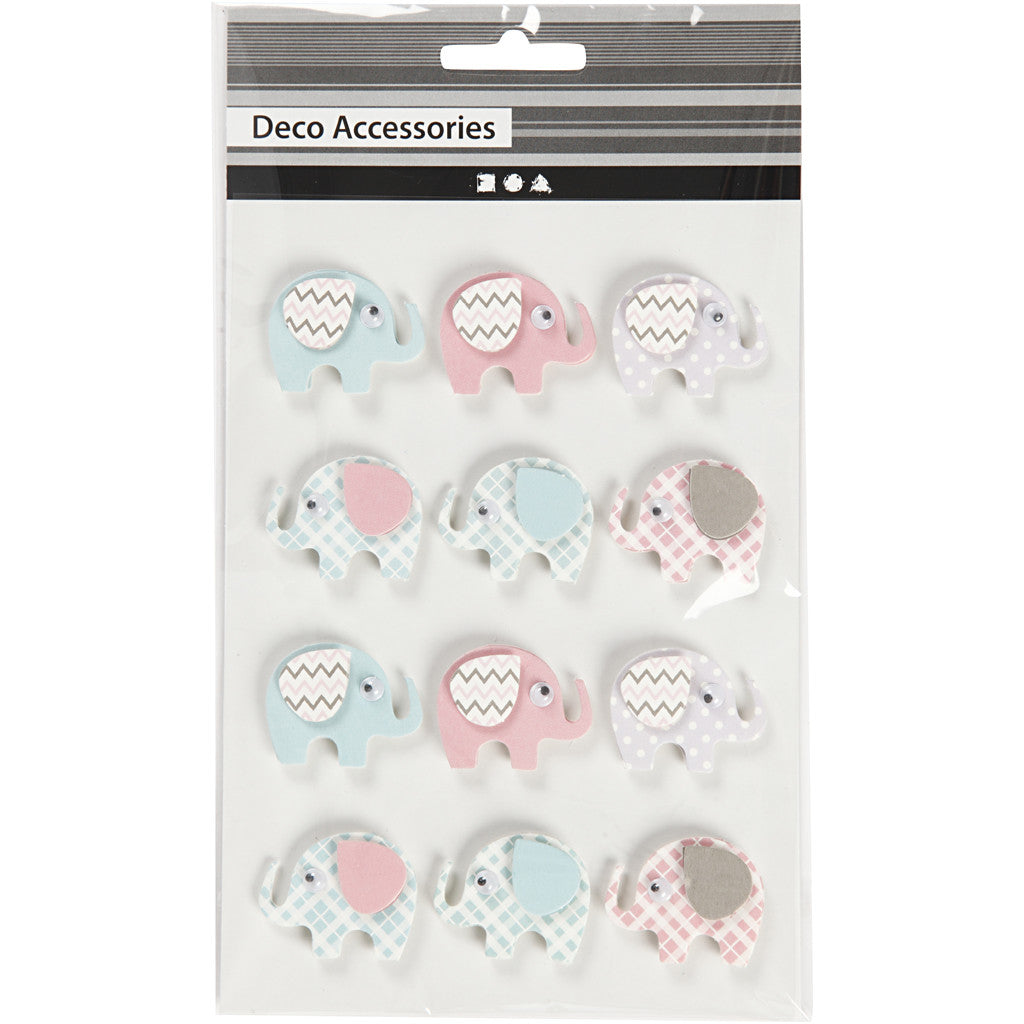 3D Sticker, Elefanten, H 25 mm, B 31 mm, Dicke 7 mm, 12 Stk/ 1 Pck [HOB-27096]