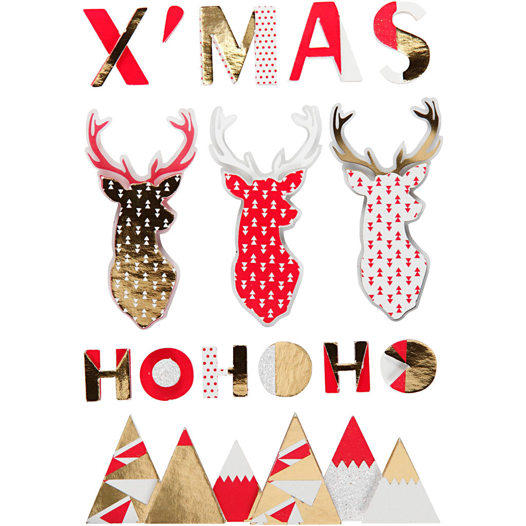 3D Stickers, reindeer, H: 15-62 mm, W: 14-100 mm, thickness 5 mm, 15 pc