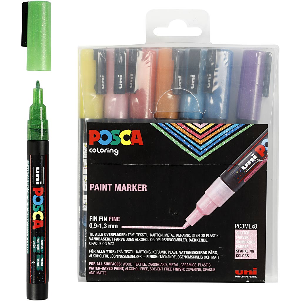 Posca Marker , Nr. PC-3ML, Strichstärke 0,9-1,3 mm, Glitter-Farben, 8 Stk/ 1 Pck [HOB-274899]