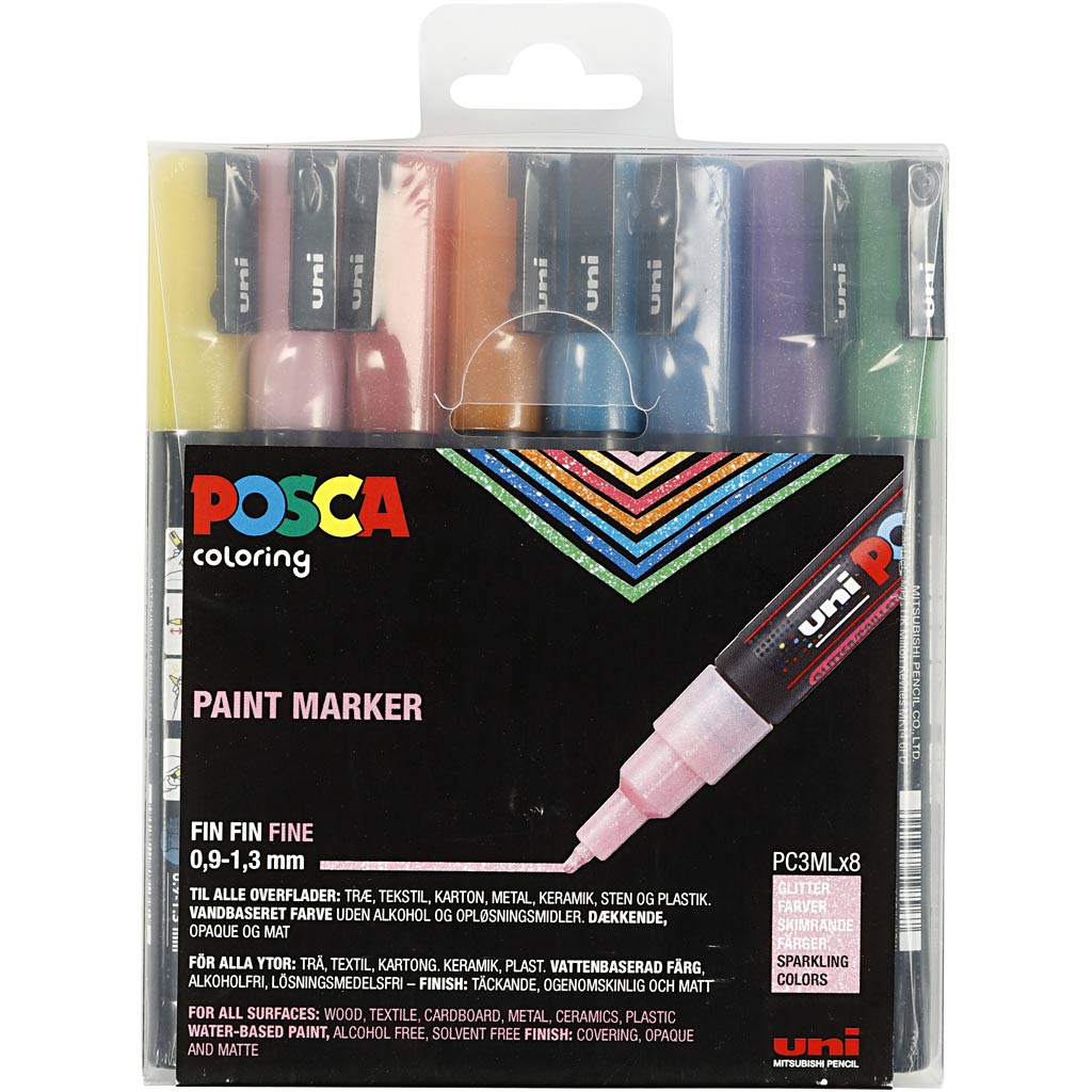 Posca Marker , Nr. PC-3ML, Strichstärke 0,9-1,3 mm, Glitter-Farben, 8 Stk/ 1 Pck [HOB-274899]