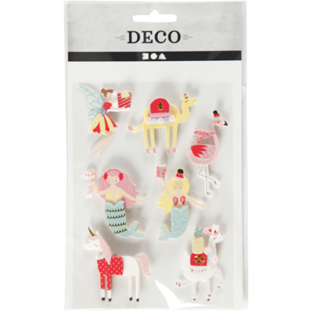 3D Sticker, Flamingo, Lama, Meerjungfrau, H 50-60 mm, B 30-45 mm, Dicke 7 mm, 7 Stk/ 1 Pck [HOB-27695]