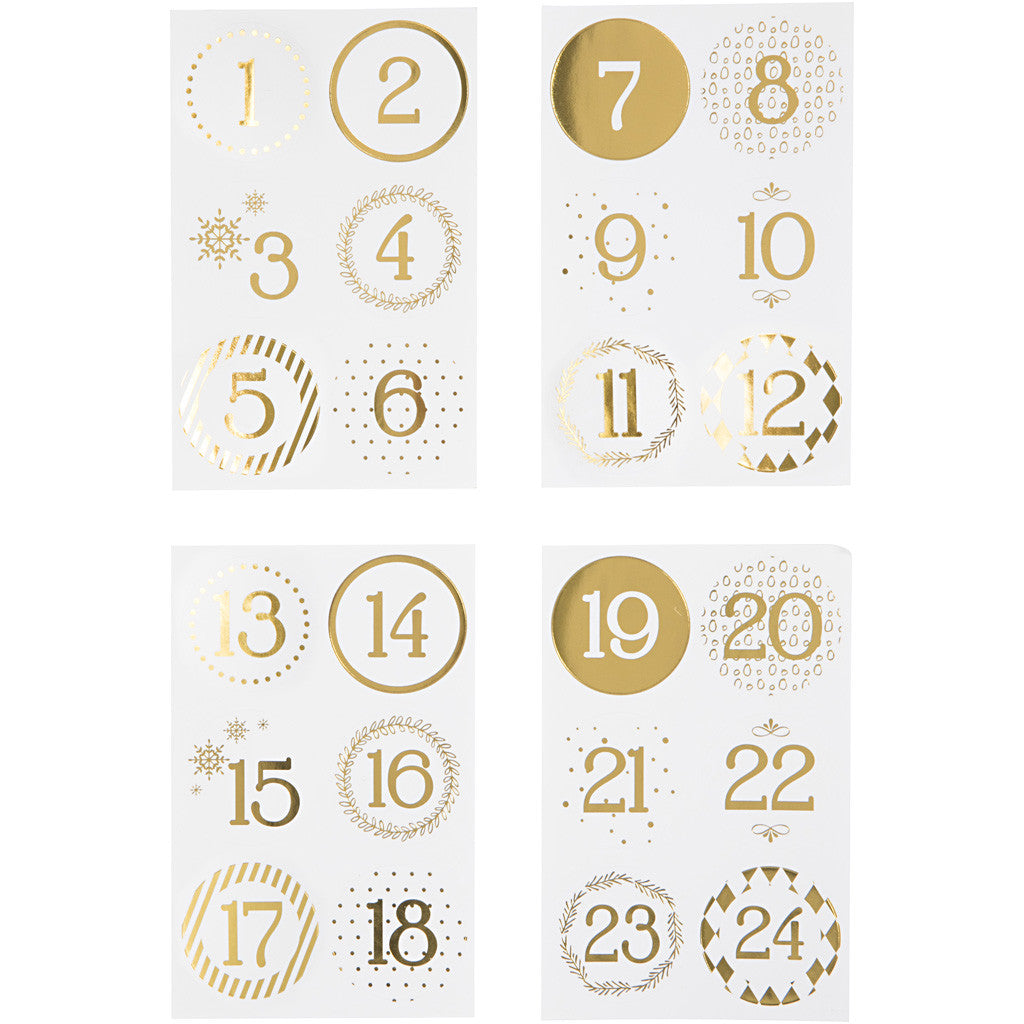 Sticker für Adventskalender, D 40 mm, Blatt 9x14 cm, Gold, Weiß, 4 Bl./ 1 Pck [HOB-28457]