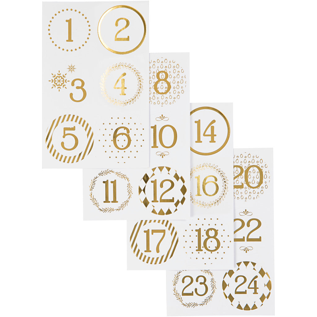 Christmas calendar number stickers, dia. 40 mm, sheet 9x14 cm, gold, white, 4 sheet