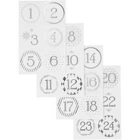 Sticker für Adventskalender, D 40 mm, Blatt 9x14 cm, Silber, Weiß, 4 Bl./ 1 Pck [HOB-28458]