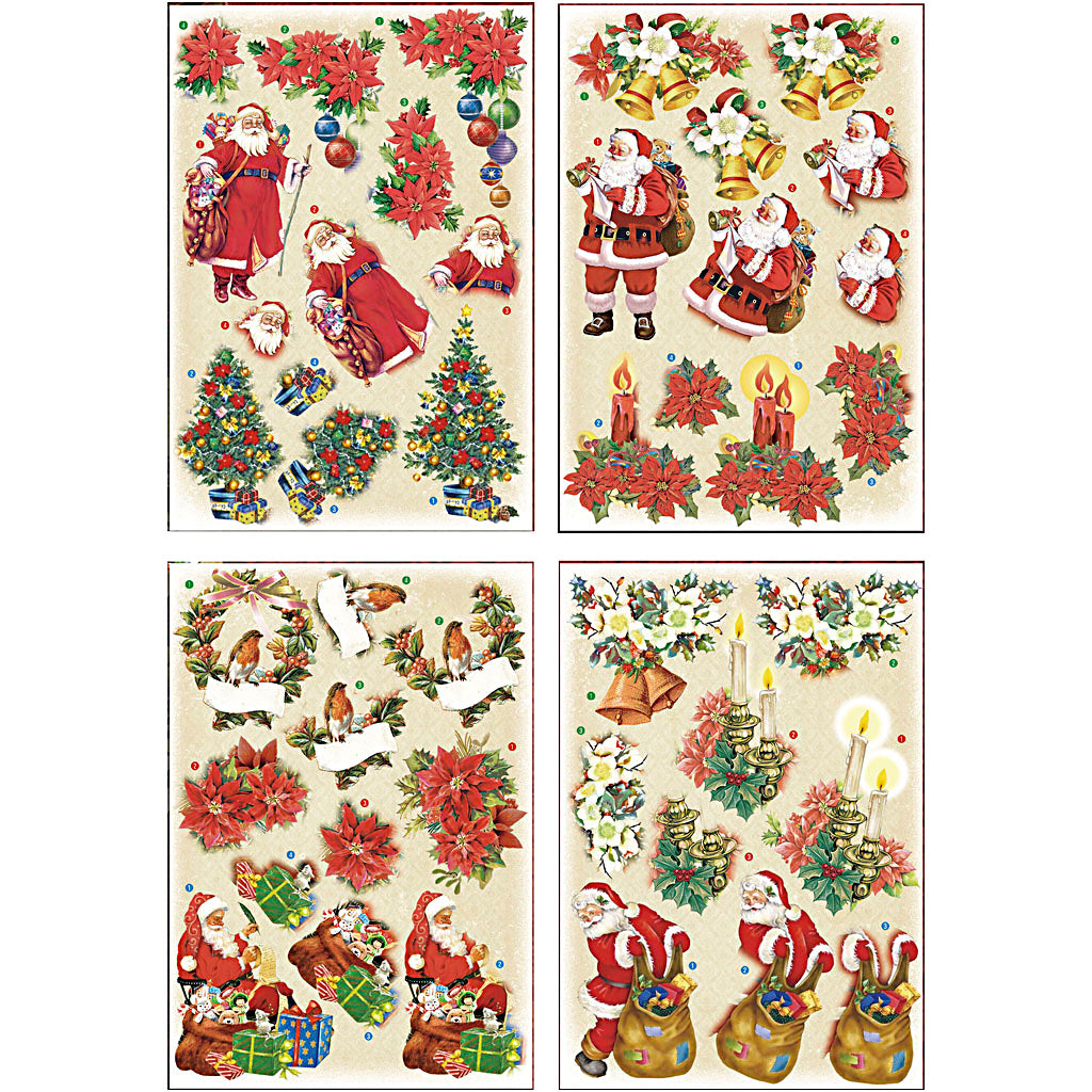 3D Decoupage Motifs, Father Christmas and Poinsettias, sheet 21x30 cm, 4 sheet