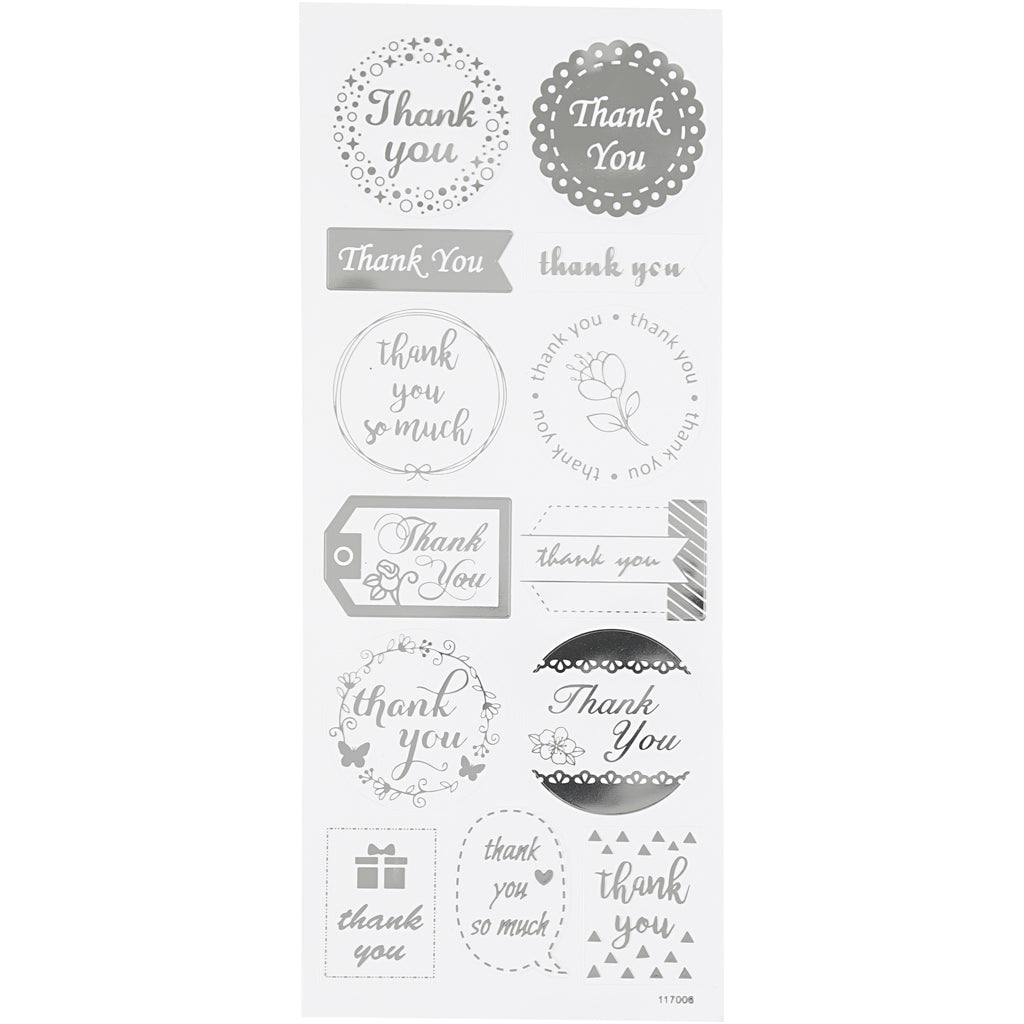 Stickers, thank you, sheet 10x24 cm, ca. 13 pc, silver, 1 sheet