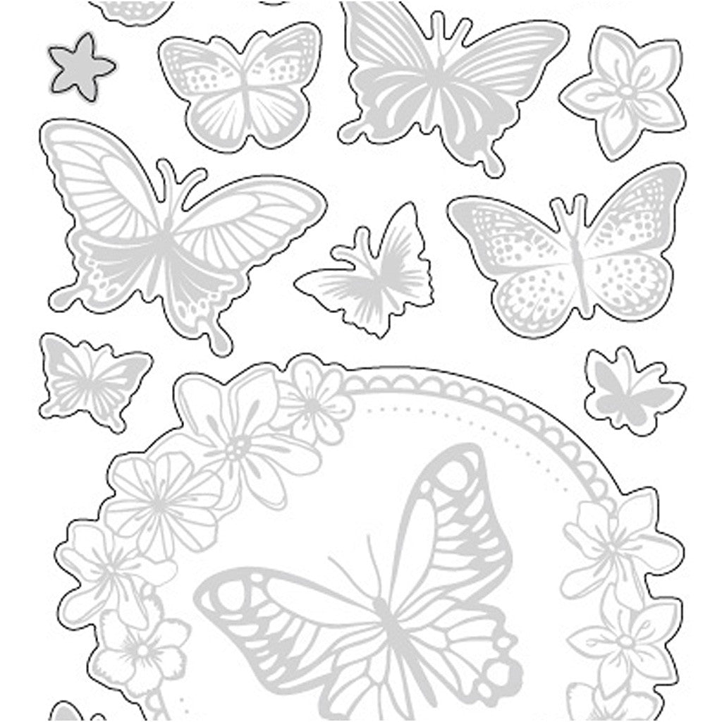 Sticker mit Sternen, Schmetterling, Blatt 10x24 cm, ca. 28 Stk, Silber, 1 Bl. [HOB-29143]