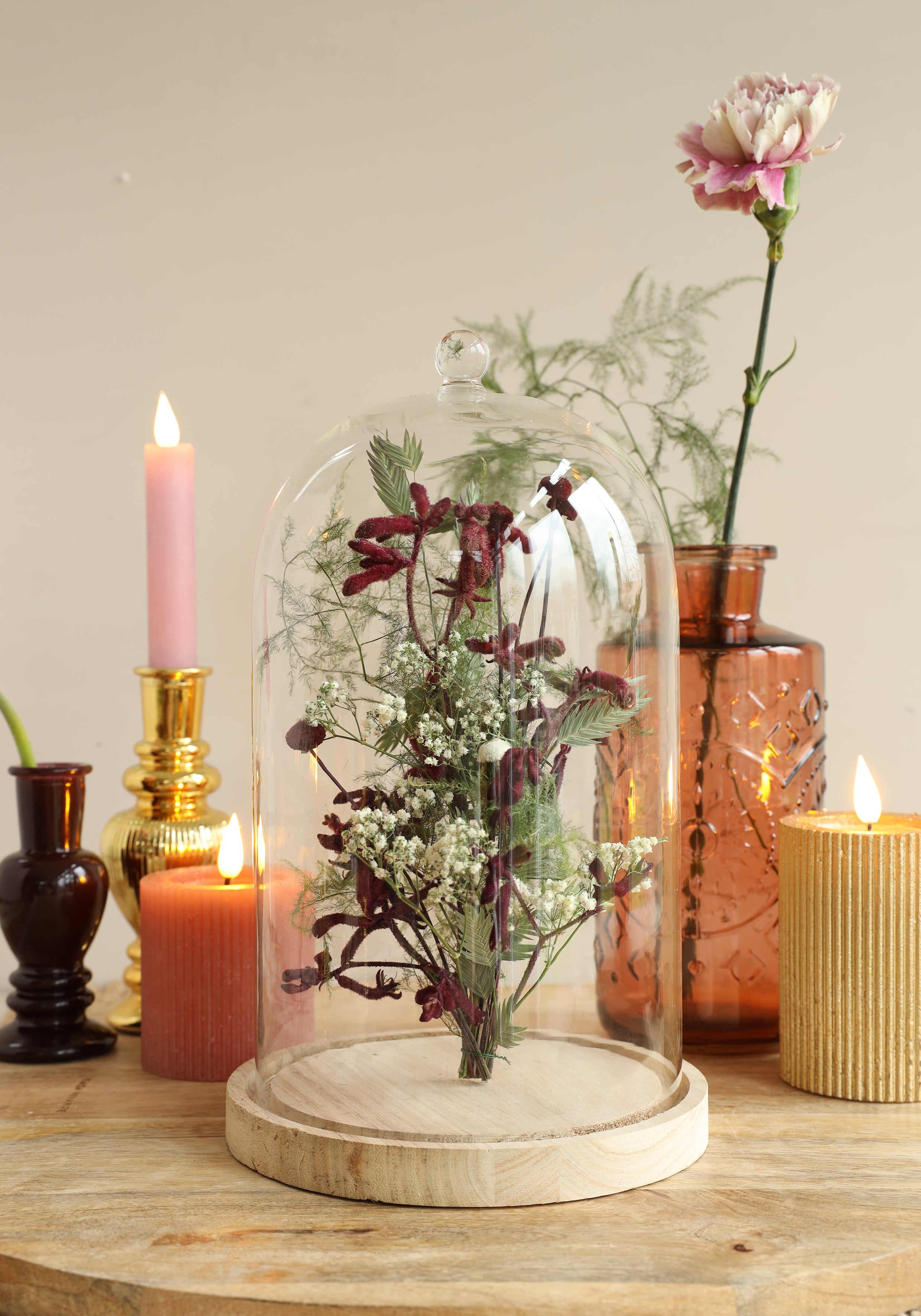 Glashaube mit Glasknopf mit Holzsockel Ø17 h.28 cm (1 Stk.) [IFS-29315]