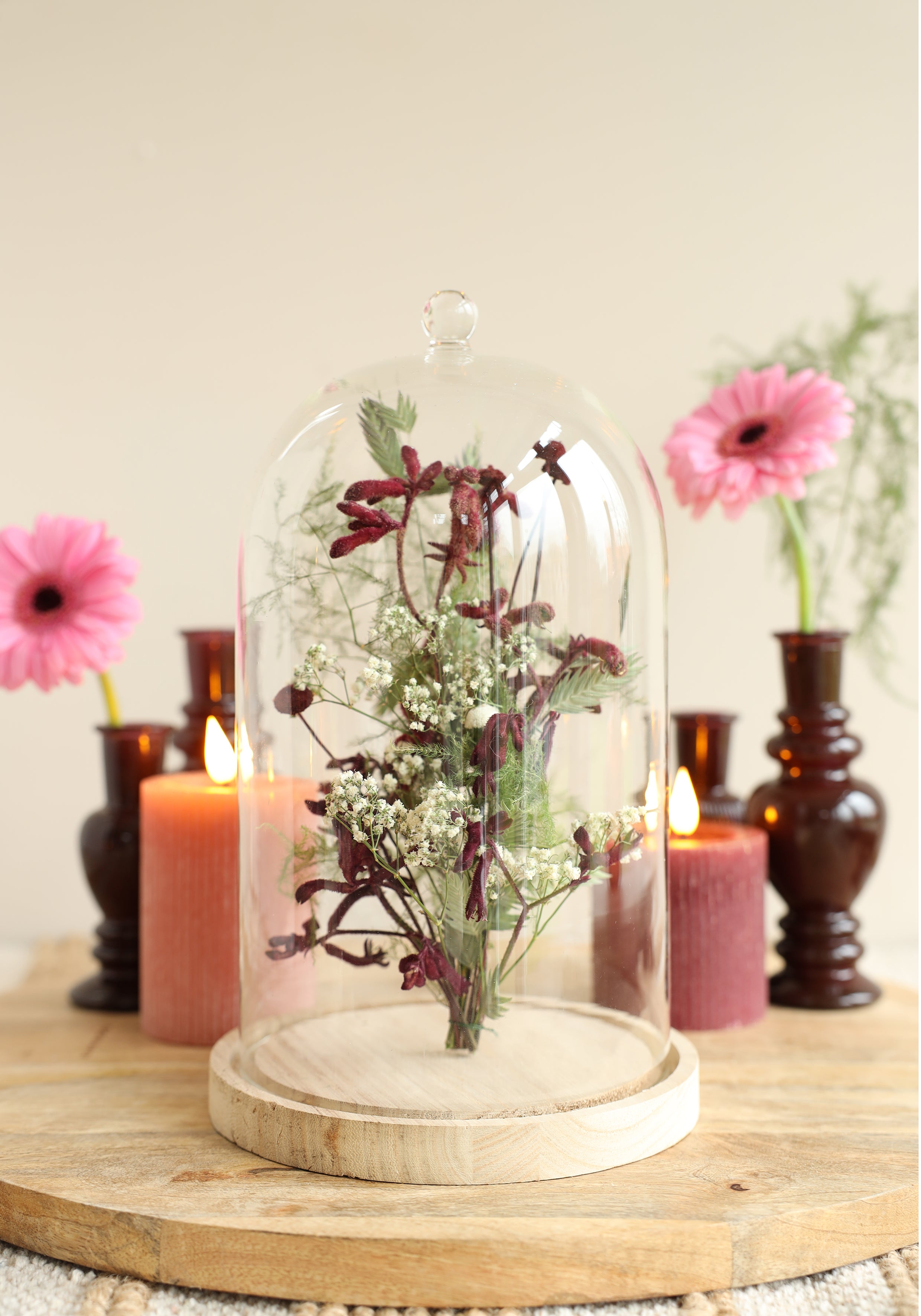 Glashaube mit Glasknopf mit Holzsockel Ø17 h.28 cm (1 Stk.) [IFS-29315]