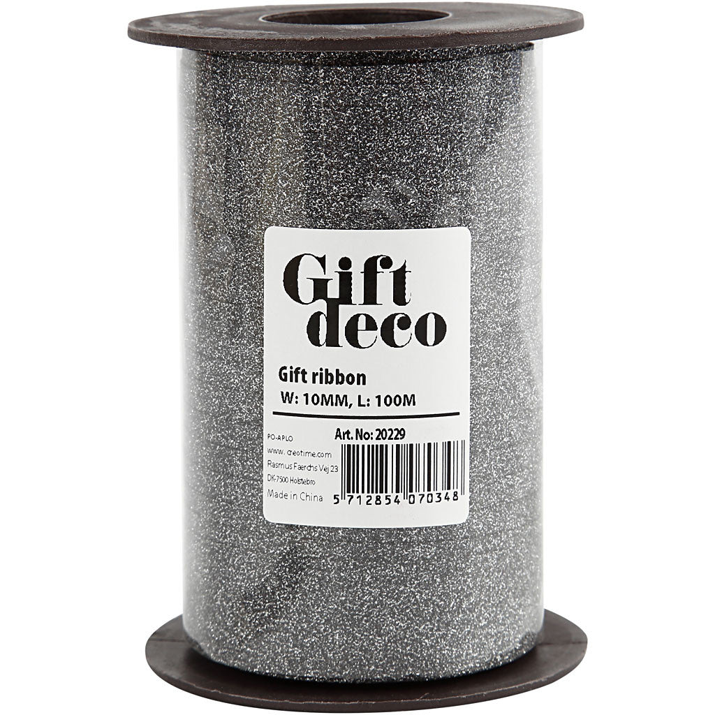 Kräuselband, B 10 mm, Glitter, Schwarz, 100 m/ 1 Rolle [HOB-20229]