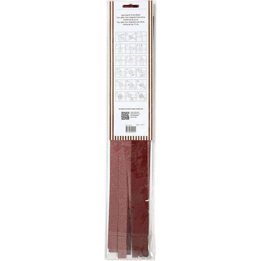 Papierstreifen für Fröbelsterne, L 44+78 cm, D 6,5+11,5 cm, B 15+25 mm, Glitter,Lack, Rot, 40 Streifen/ 1 Pck [HOB-20775]
