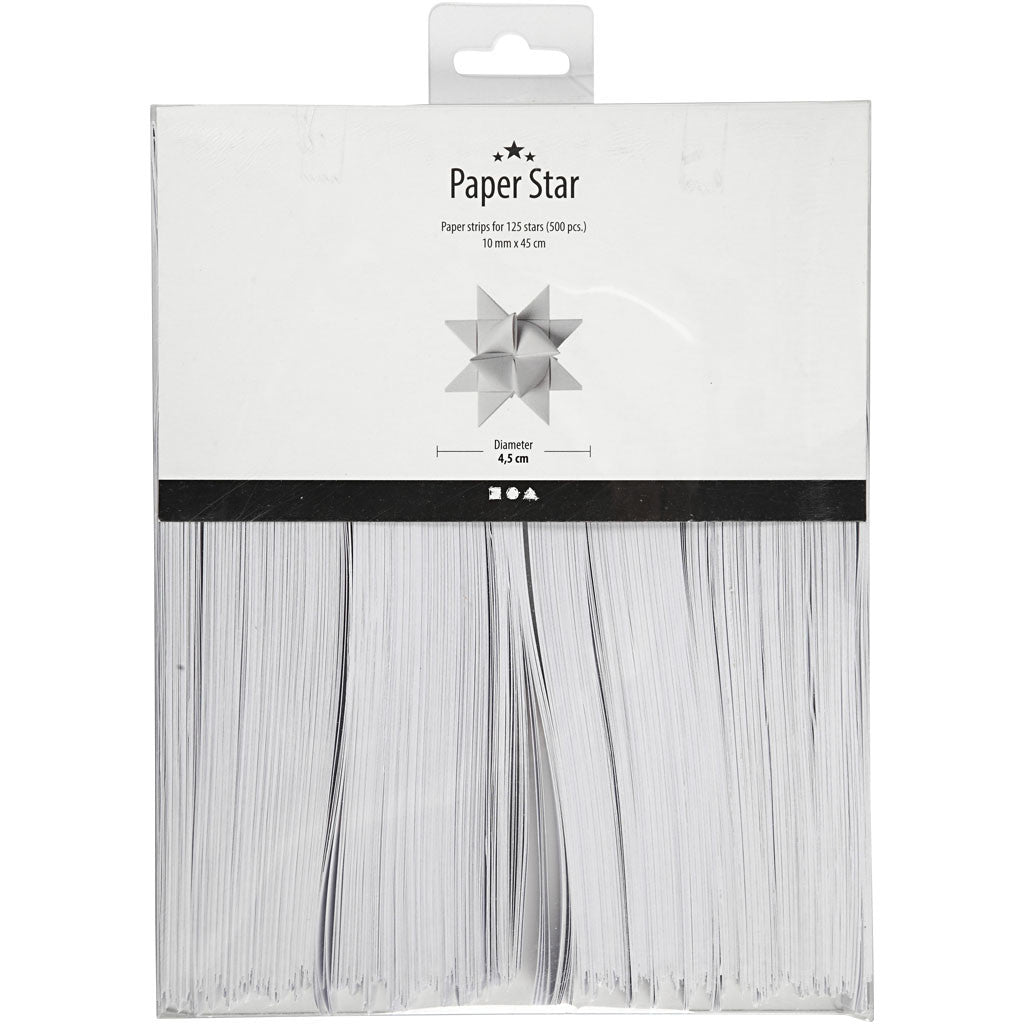 Papierstreifen für Sterne, L 45 cm, D 4,5 cm, B 10 mm, Weiß, 500 Streifen/ 1 Pck [HOB-20931]