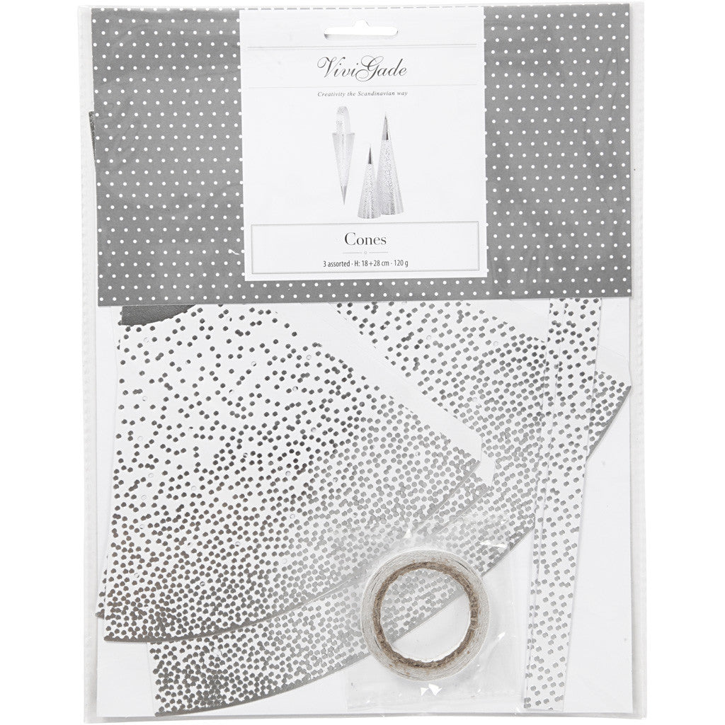 Spitztüten, H 18+28 cm, 120 g, Silber, Weiß, 3 Stk/ 1 Pck [HOB-24365]